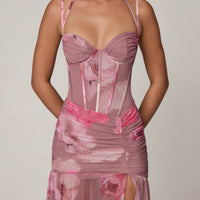 Aurelia Robe Gown Corset Asymétrique Plissé - Imprimé Floral Flou