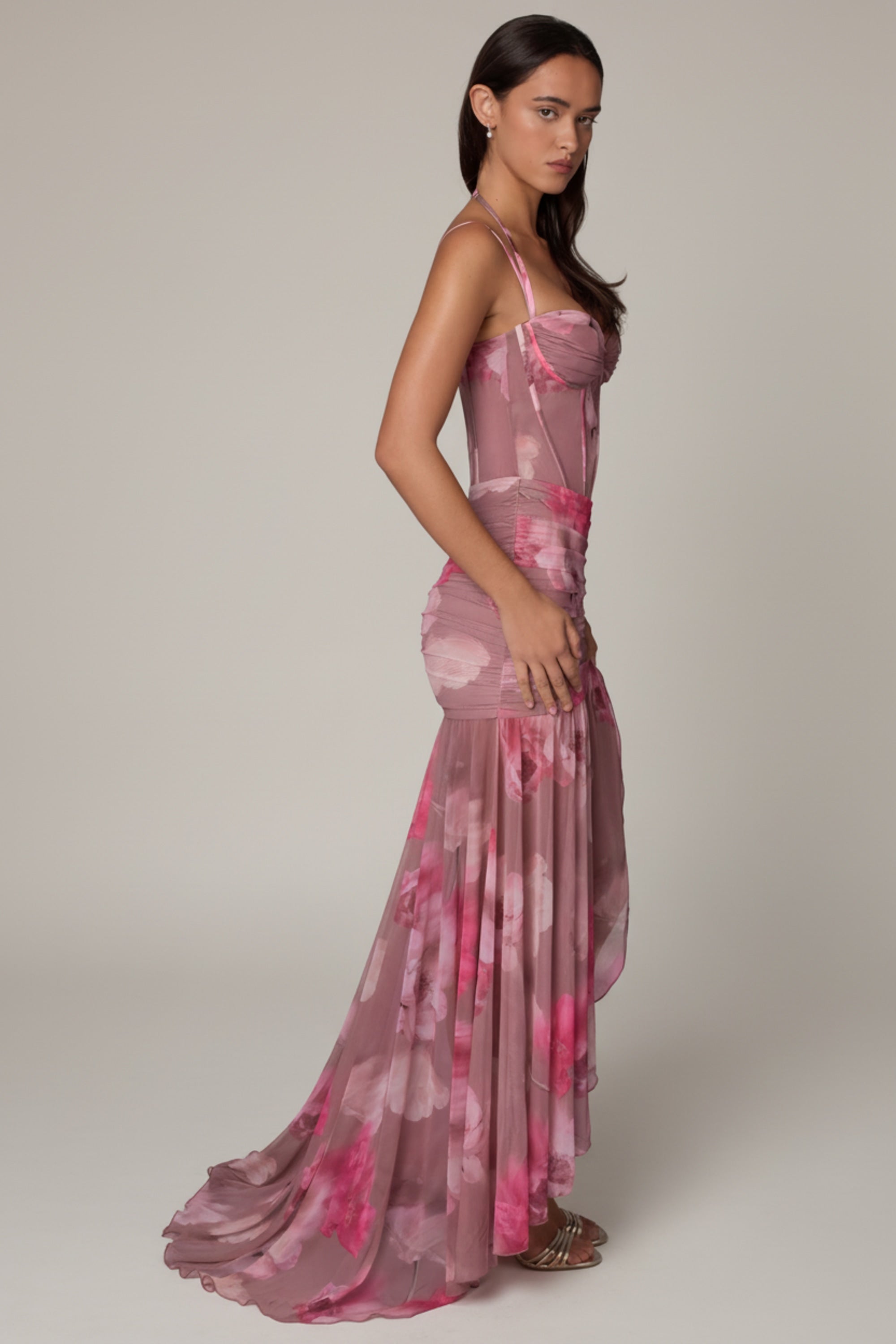 Aurelia Robe Gown Corset Asymétrique Plissé - Imprimé Floral Flou