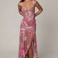 Aurelia Robe Gown Corset Asymétrique Plissé - Imprimé Floral Flou