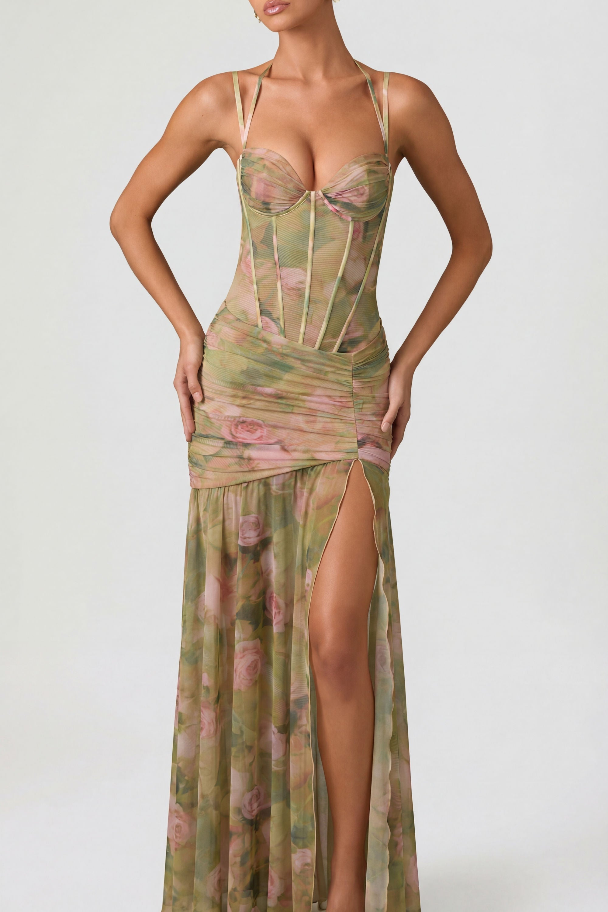 Aurelia Robe Gown Corset Asymétrique Plissé - Imprimé Floral Multi