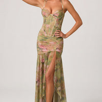 Aurelia Robe Gown Corset Asymétrique Plissé - Imprimé Floral Multi