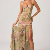 Aurelia Robe Gown Corset Asymétrique Plissé - Imprimé Floral Multi
