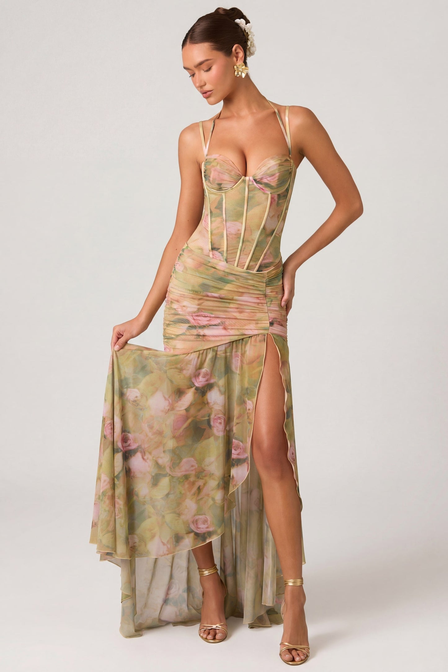 Aurelia Robe Gown Corset Asymétrique Plissé - Imprimé Floral Multi