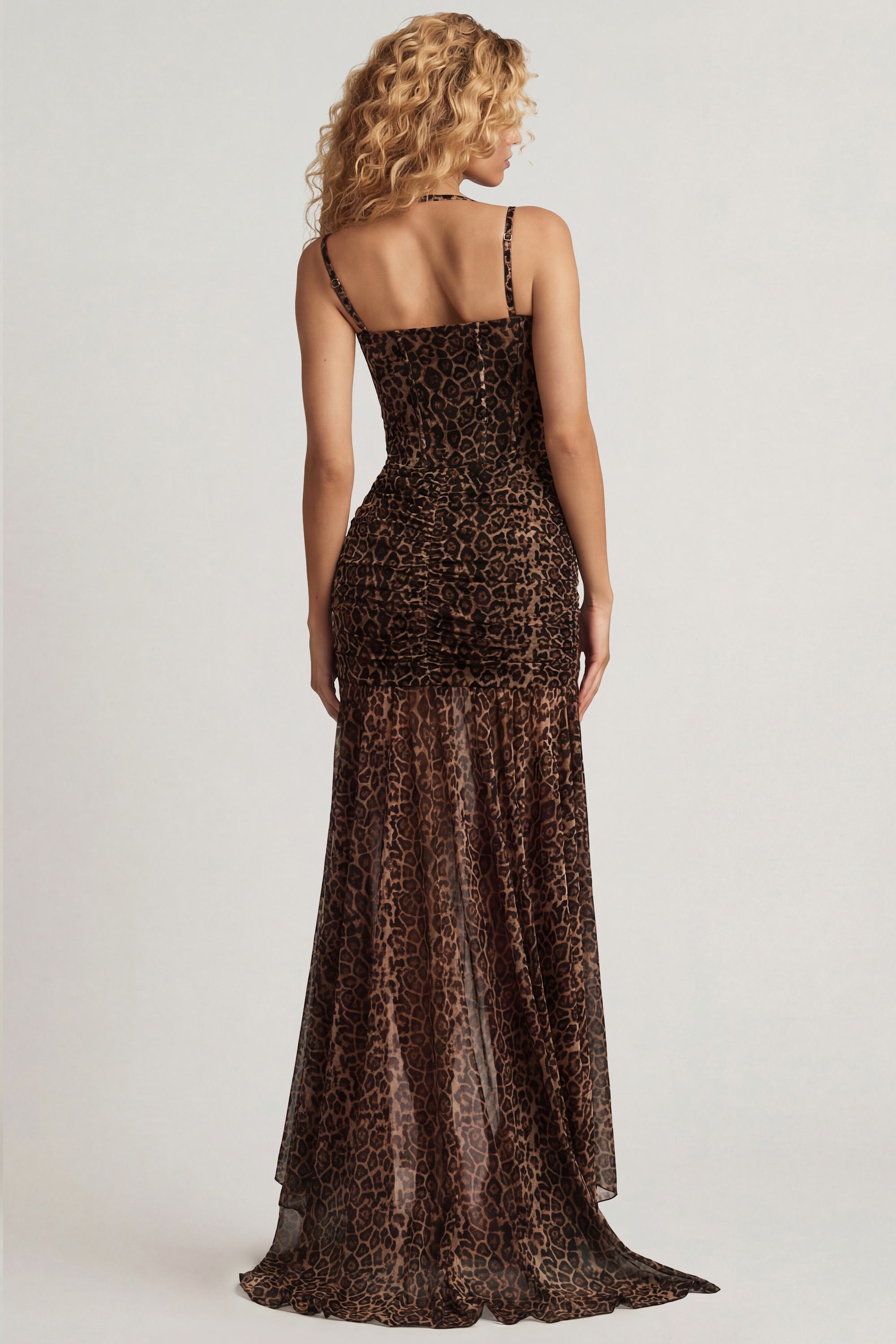 Aurelia Robe Gown Corset Asymétrique Plissé - Imprimé Léopard