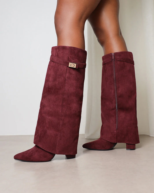 Bottes à Talon en Microfibre Bourgogne avec Revers et Détail Boucle