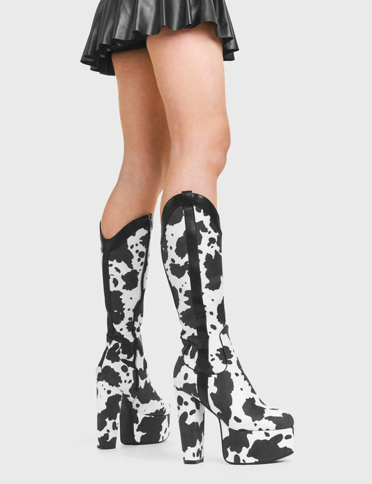 Bottes cowgirl blanches à plateforme, genou, style western