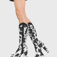 Bottes cowgirl blanches à plateforme, genou, style western