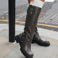 Bottes Motardes Chunky Vintage Marron à Hauteur de Genou