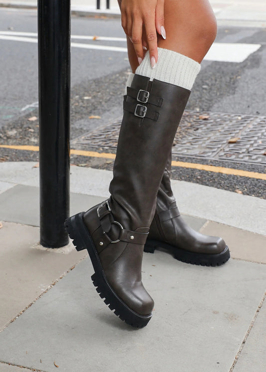 Bottes Motardes Chunky Vintage Marron à Hauteur de Genou