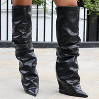 Bottes Noires Plissées à Revers Hauteur Genou