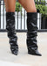 Bottes Noires Plissées à Revers Hauteur Genou
