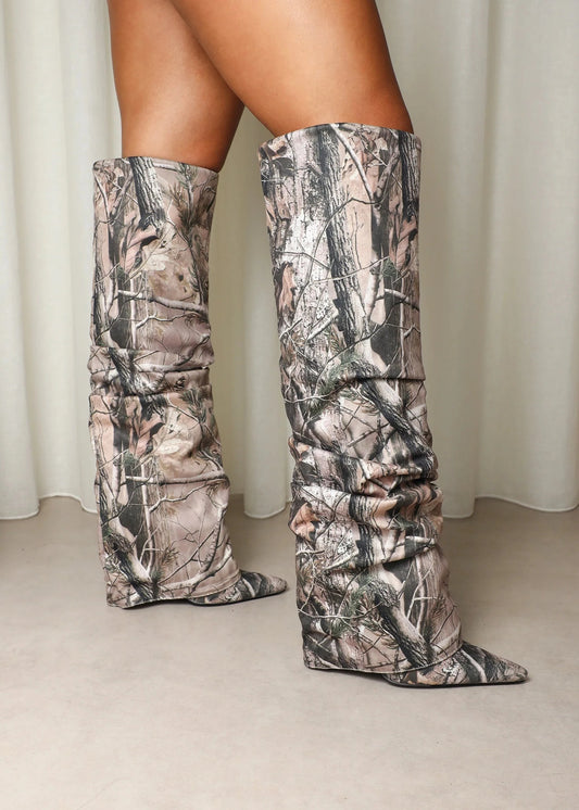 Bottes à Talons avec Revers Imprimé Naturel