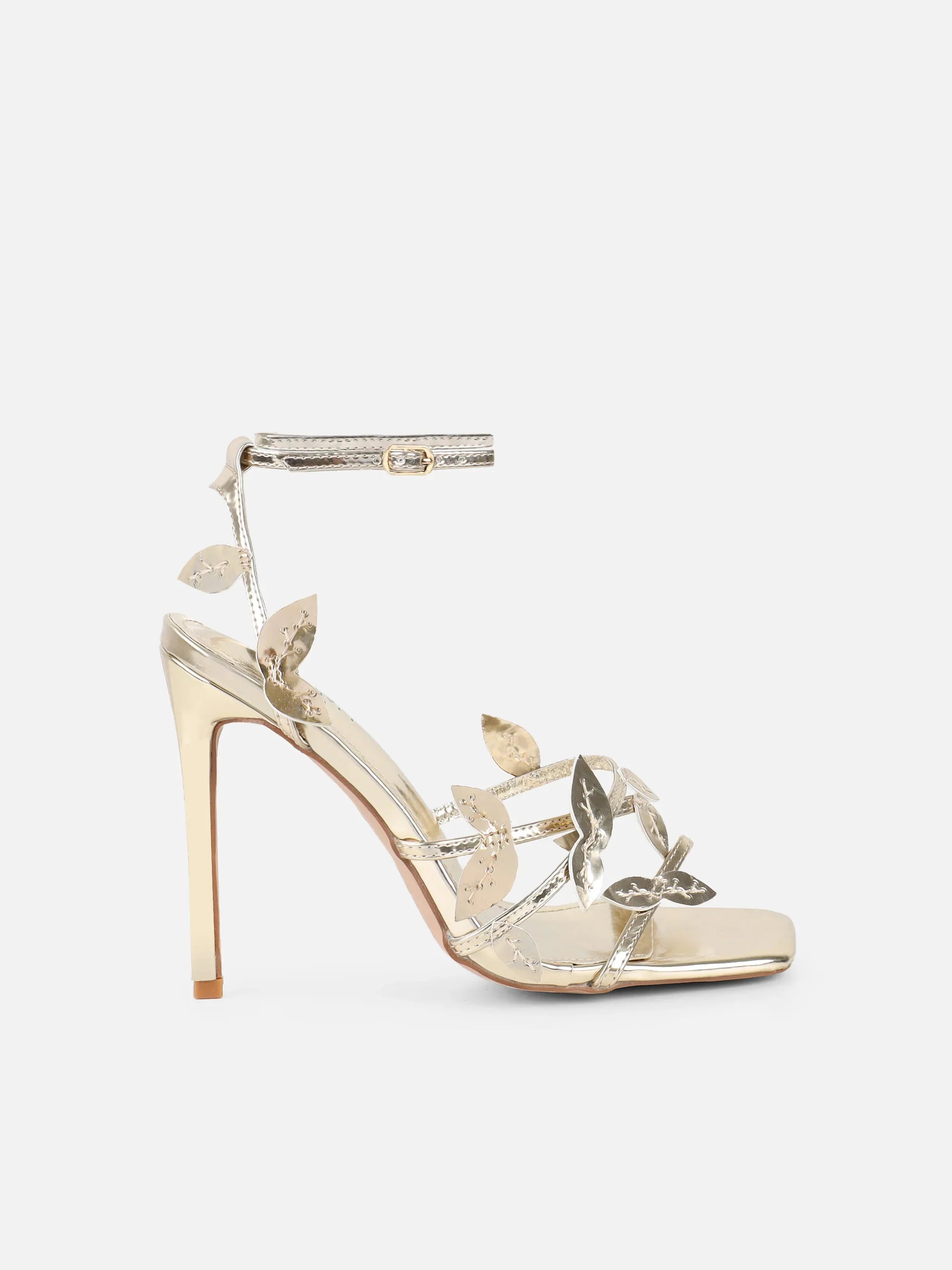 Sandales à Talons 'Oriana' en Miroir Doré, Détail Feuilles