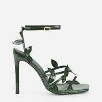 Sandales à Talons 'Oriana' Vert Forêt Verni, Détail Feuillage