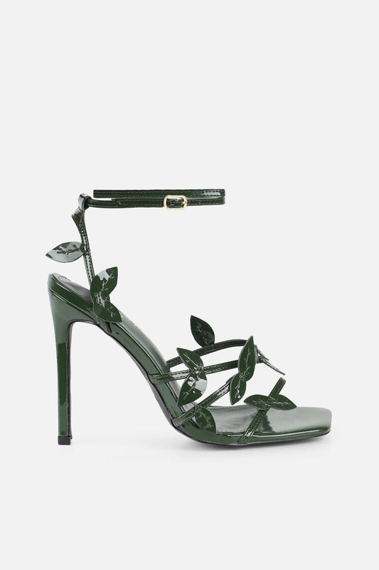 Sandales à Talons 'Oriana' Vert Forêt Verni, Détail Feuillage