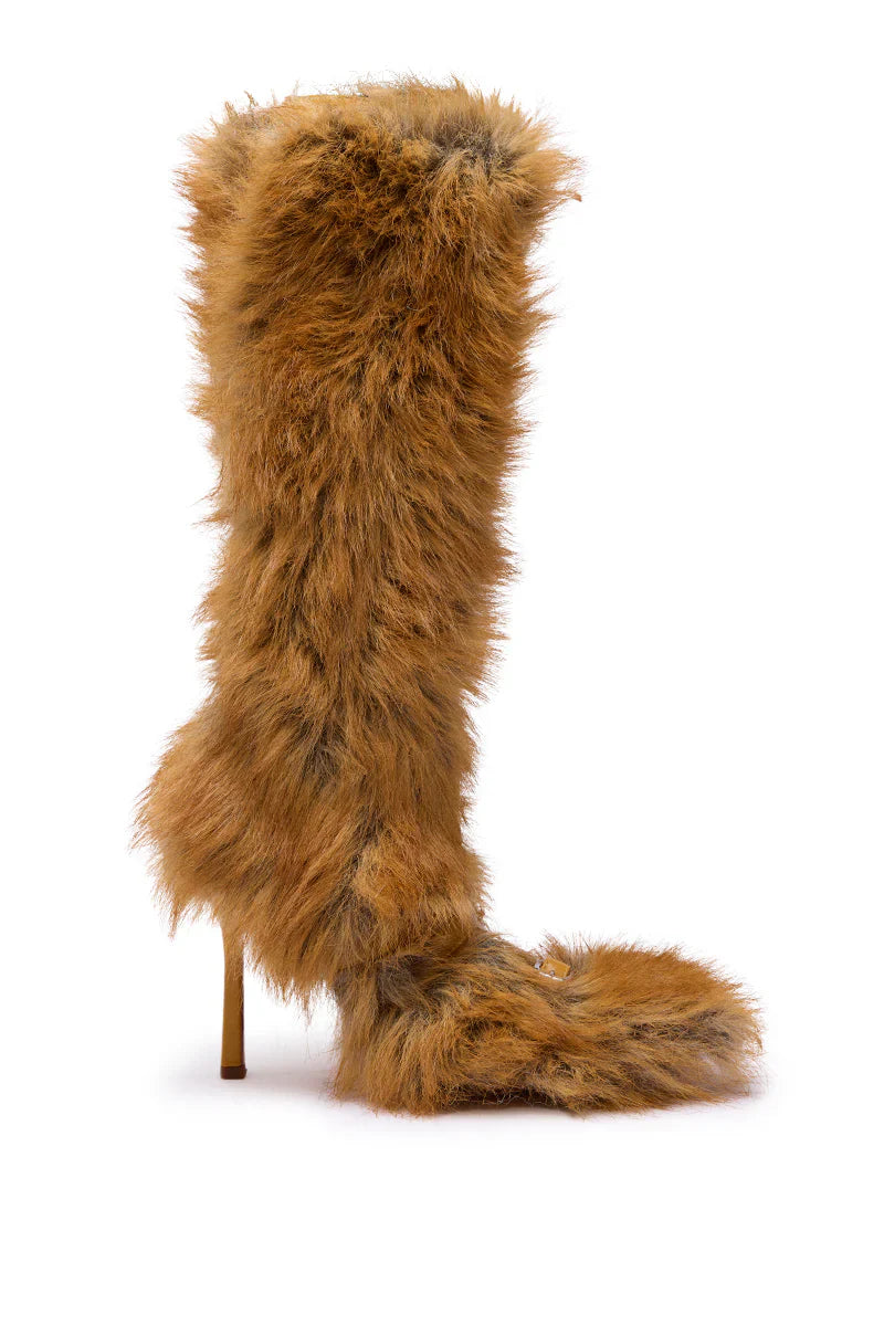 Bottes 'Glacier' à Talon Aiguille, Fausse Fourrure Beige Lacée