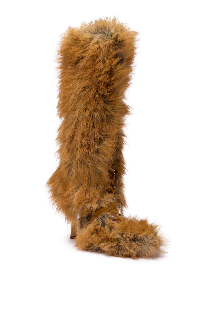 Bottes 'Glacier' à Talon Aiguille, Fausse Fourrure Beige Lacée