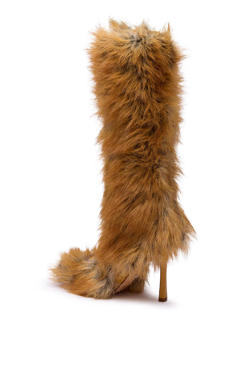 Bottes 'Glacier' à Talon Aiguille, Fausse Fourrure Beige Lacée