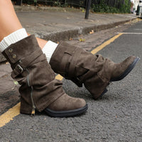 Bottes Chunky en Daim Kaki à Revers