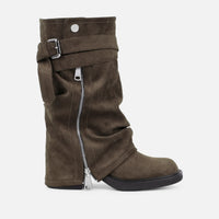 Bottes Chunky en Daim Kaki à Revers