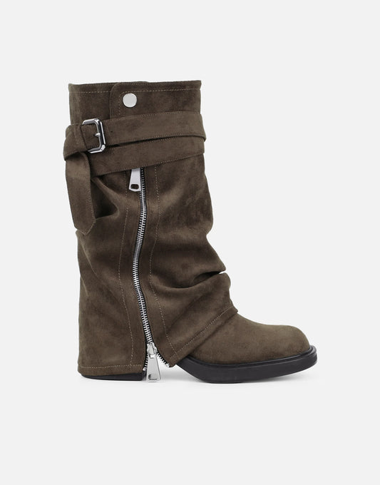 Bottes Chunky en Daim Kaki à Revers