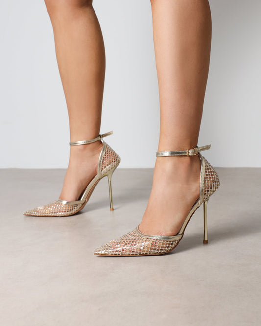 Sandales à Talon en Mesh Doré Orné de Strass
