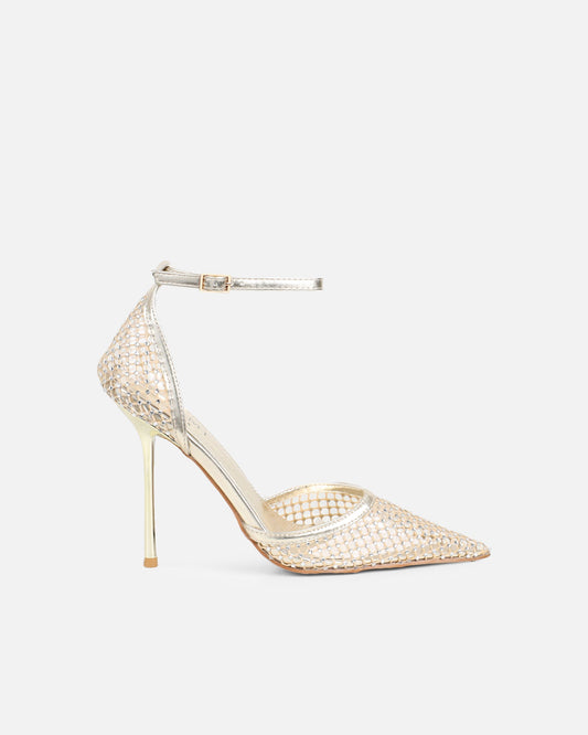 Sandales à Talon en Mesh Doré Orné de Strass