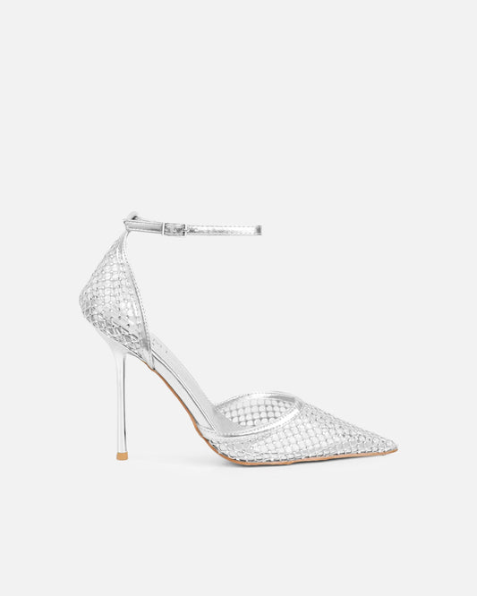 Sandales à Talon en Mesh Argenté Orné de Strass