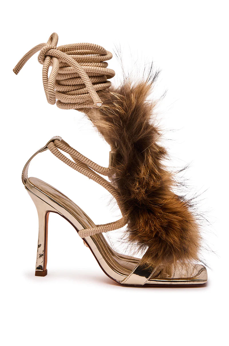 Sandales 'Dune' à Talon Aiguille, Brides Corde et Fausse Fourrure
