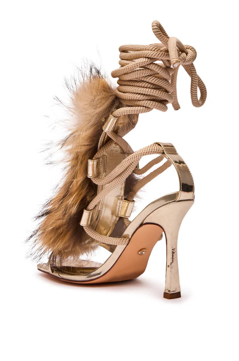 Sandales 'Dune' à Talon Aiguille, Brides Corde et Fausse Fourrure