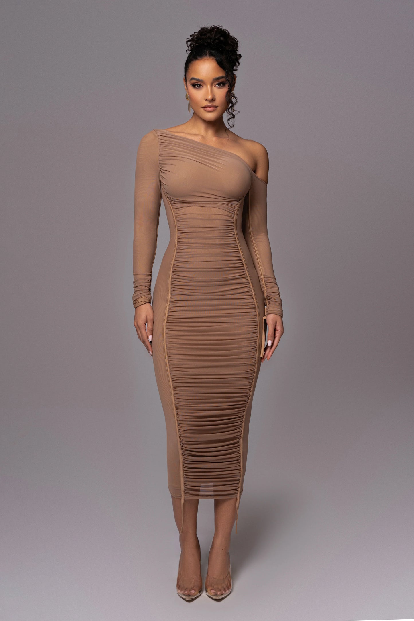 Robe Midi 'Naomi' Beige en Tulle Drapé