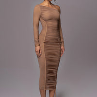 Robe Midi 'Naomi' Beige en Tulle Drapé