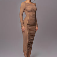 Robe Midi 'Naomi' Beige en Tulle Drapé