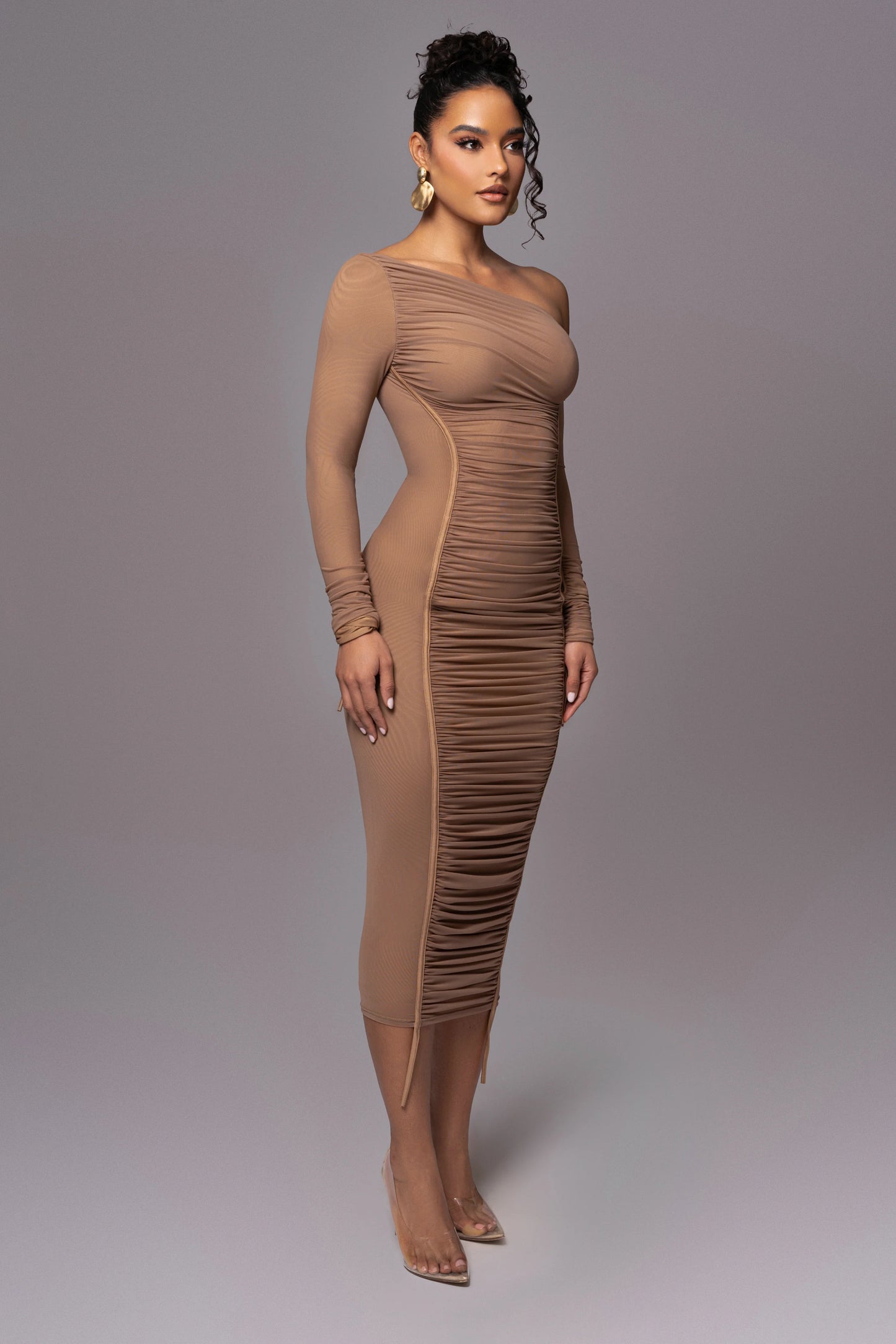 Robe Midi 'Naomi' Beige en Tulle Drapé