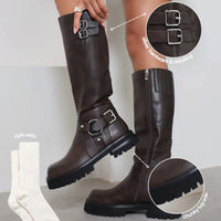 Bottes Motardes Chunky Vintage Marron à Hauteur de Genou
