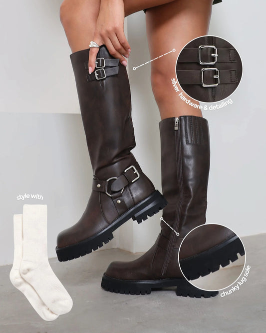 Bottes Motardes Chunky Vintage Marron à Hauteur de Genou