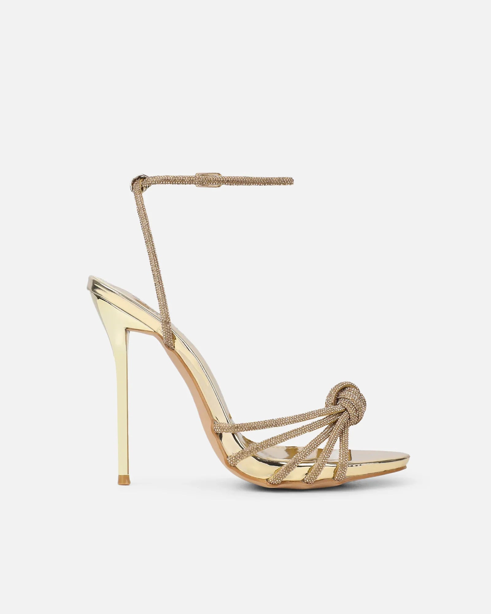 Sandales à Talons 'Stella' Or Miroir, Détails Diamants