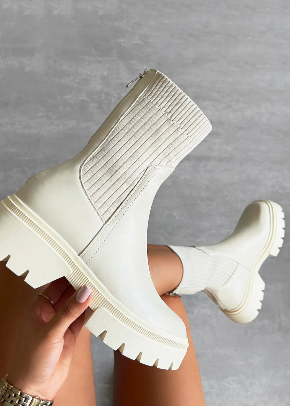 Bottines 'Brooklyn' Chunky en Tricot Couleur Pierre