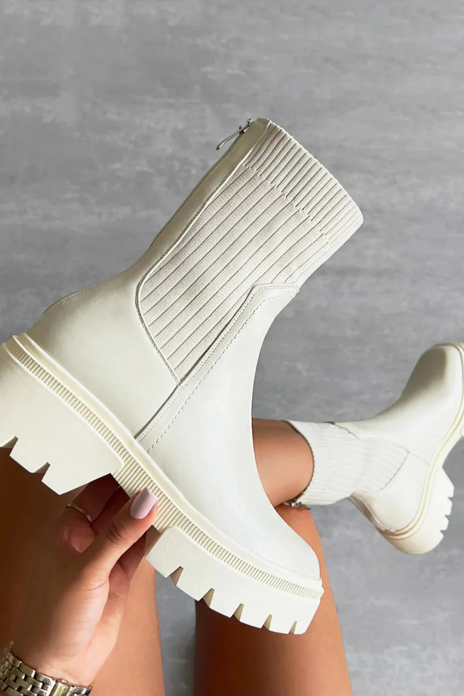 Bottines 'Brooklyn' Chunky en Tricot Couleur Pierre