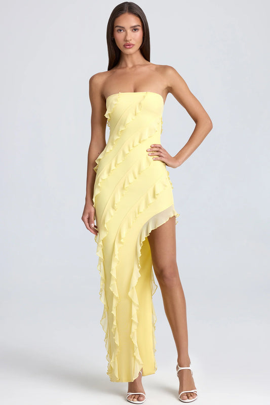Maeveli Robe Maxi Bustier à Volants - Jaune Citron