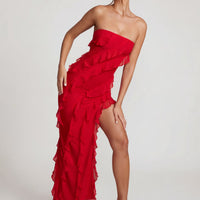 Maeveli Robe Maxi Bustier à Volants - Rouge