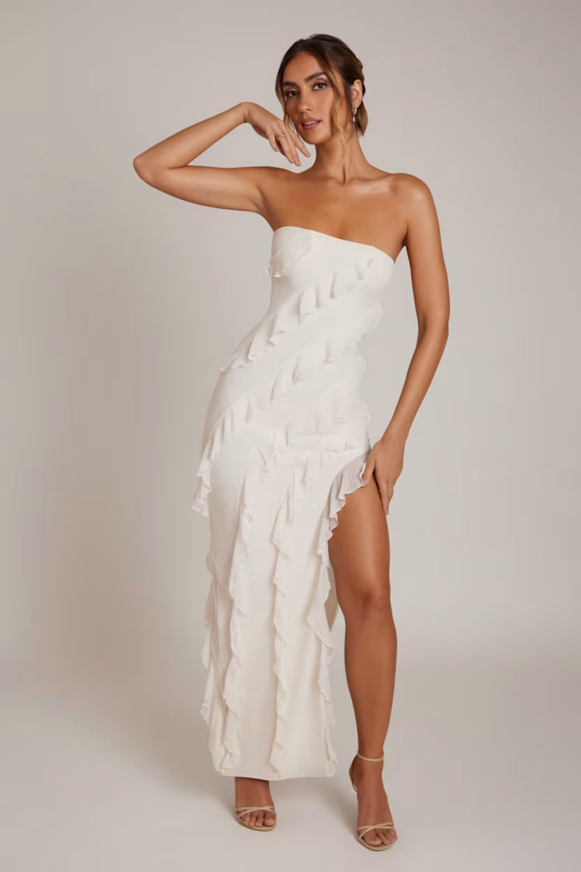 Maeveli Robe Maxi Bustier à Volants - Ivoire