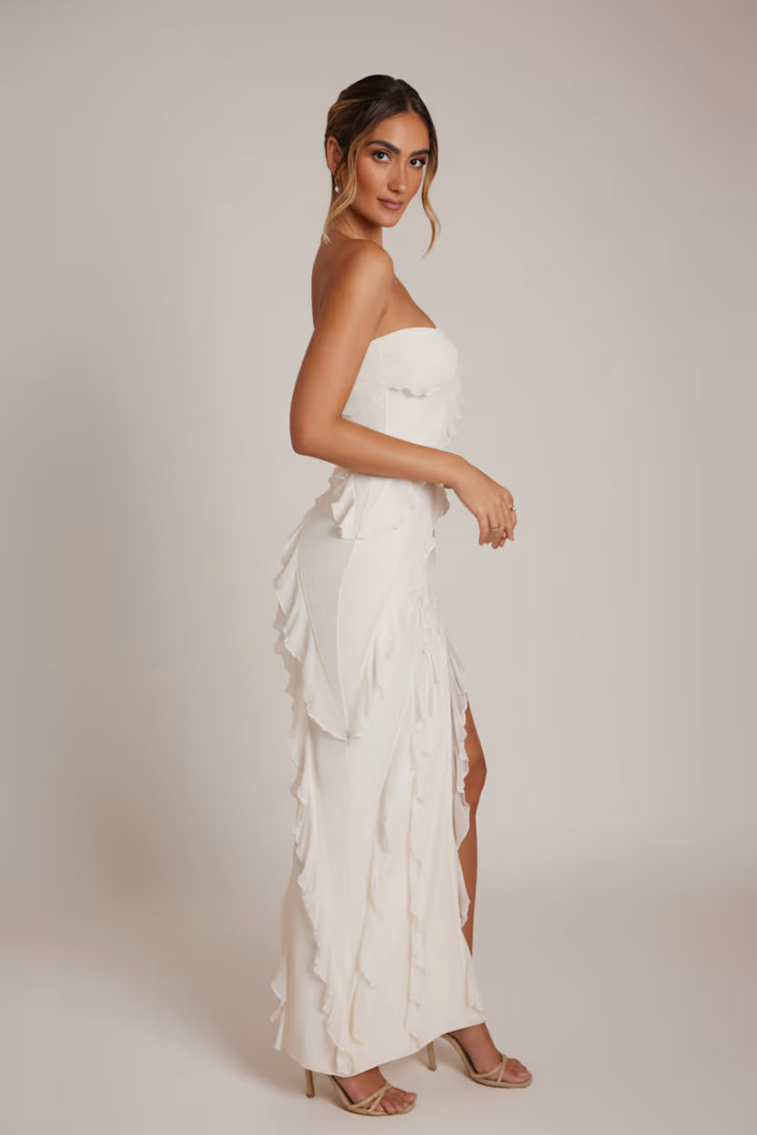 Maeveli Robe Maxi Bustier à Volants - Ivoire