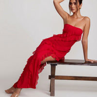 Maeveli Robe Maxi Bustier à Volants - Rouge