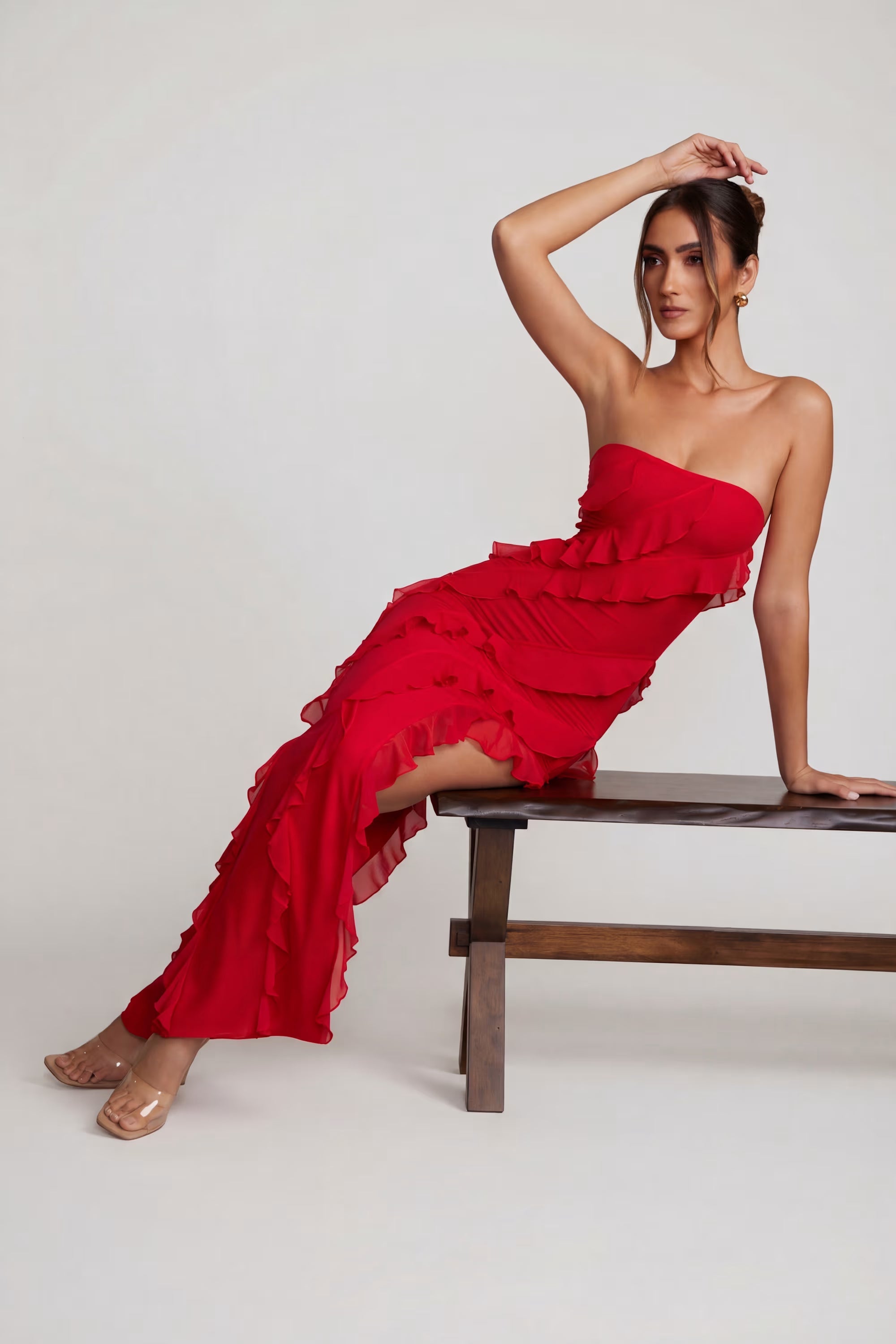 Maeveli Robe Maxi Bustier à Volants - Rouge