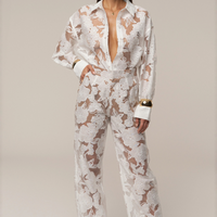 Ensemble 'Cannes' Floral Ivoire (Blouse et Pantalon)