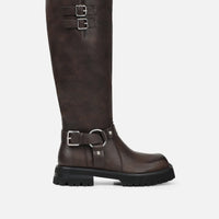 Bottes Motardes Chunky Vintage Marron à Hauteur de Genou