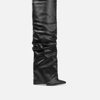 Bottes Noires Plissées à Revers Hauteur Genou