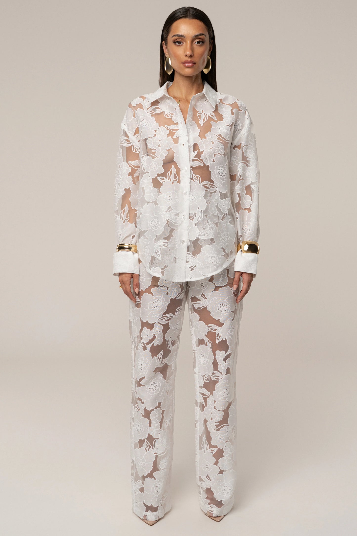 Ensemble 'Cannes' Floral Ivoire (Blouse et Pantalon)