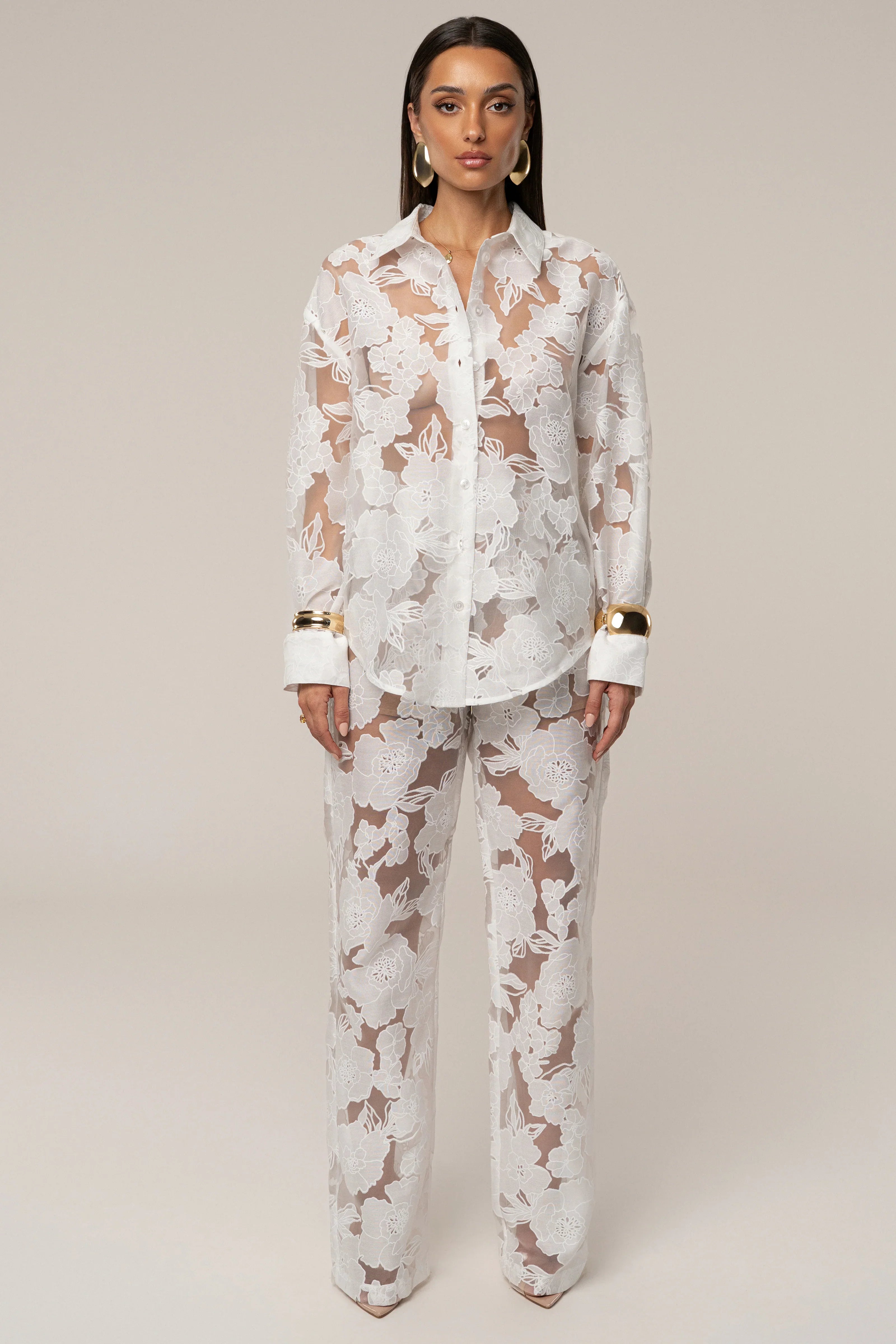 Ensemble 'Cannes' Floral Ivoire (Blouse et Pantalon)